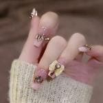 Secret Lives Transparent Bottom Reuable Artificial Fake False Baby Pink Color with Silver Glitter 3D Bow & Crystals Press on Nails 24 Pieces with Kit