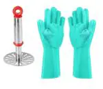 BLUE WONDER Stainless Steel Potato Potato Masher With Bartan Washing Rubber Silicon Gloves and Multicolour, Pack of 2