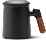 WELTWORLDCeramic Coffee Mugs with Lids, 400ml, Wood Handles, Green Tea Infuser Included, Set of 2, Stoneware (Black)