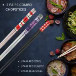 Hichaki 3 Pairs Steel Blue & Red with Plastic Red Chopsticks Set- Lightweight, Dishwasher Safe, Reusable