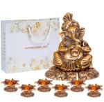 International Gift Brown Brass Ganesh Statue With Shehanais With Jyot Set With Beautiful Gift Box Packing With Carry Bag, 11.5 X 9 X 9.5 Cm