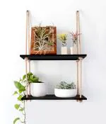 Vah Black Wooden Wall Hanging Shelf Rustic Rope Shelves Plant 2 Tier