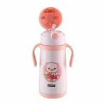 Vinod Champ Kids Water Bottle with Fun Prints, Light Weight, BPA Free & Non Toxic, Soft Silicone Straw & Adjustable Strap with Fabricated 18/8 Stainless Steel Inside - 380 ml (Pink)