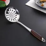 Leeonz Stainless Steel Skimmer Kitchen Cooking Utensil Features Plastic Handle with Hole Ideal for Skimming Liquids Short Handle, Brown/14Inch (1PCS, Skimmer)