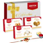 Indiyum Sweet Combo Rakhi Hamper For Bhaiya - Kaju Barfi 200g Besan Laddu 200g Lal Peda 200g Rakhi For Brother Roli Chawal