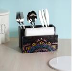 Classyo Spoon Stand for Kitchen, Tissue and Cutlery Holder for Dining Table, Spoon Holder for Kitchen- Wooden Cutlery Holder for Kitchen (Mandala Colorful)