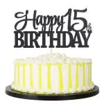 Festiko Black Glitter Happy 15th Birthday Cake Topper 15 Anniversary Party Decoration (15th)
