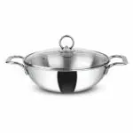 Orange Triply Stainless Steel Deep Kadai 4.5L with Glass Lid