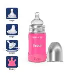 Dr.Flow 4 in 1 Omega+ Insulated ThermoSteel Baby Feeding Bottle with Anti-skid Bumper & Silicone Closing Disc 180ml/6oz Anti Colic Silicone Teat | 10Hrs. Hot & Cold | DF9012, Pink Color