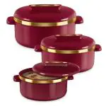 MILTON Curve Inner Stainless Steel Casserole Set of 3 (840 ml, 1300 ml, 1880 ml), Maroon | BPA Free | Food Grade | Easy to Carry | Easy to Store | Chapati | Roti | Curd Maker
