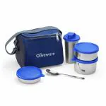 SOPL-OLIVEWARE Milano Insulated Fabric Bag Leak Proof Full Meal & Easy to Carry Lunch Box, 3 Stainless Steel Containers and Sipper with Steel Spoon for School, College & Office (Blue)