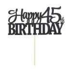Festiko Happy 45th Birthday Cake Topper, Glitter Card In Black For Cake Decoration, Birthday, Anniversary, Engagement, Graduation