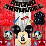 Bubble bells micky mouse theme happy birthday wall decorations items kit combo pack set for kids boys|mickey mouse balloon|happy birthday black banner|red black metallic balloons