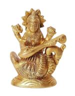 P.J. HANDICRAFTS Brass Metal Maa Saraswati On Swan Statue Idol for Home Decor, Yellow (Height-3