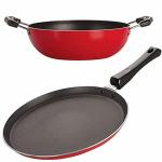 Nirlon Red Non-Stick Flat Tawa and Kadahi with Lid ,32mm-ft-kd