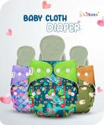 LILTOES Cloth Diapers For New Born Babies 0 to 3 Years | Adjustable & Reusable | Premium Cloth Nappies Pack of 3 (3 Cloth Diapers + 3 Inserts) | Jungle Safari+Little Mermaid+Nerdy Sheep