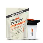 FUELONE Whey Iso-Max, Whey Protein Isolate, 28g Protein (Chocolate, 1kg / 2.2lb) with Protein Shaker (Black, 500ml), No Added Sugars or Maltodextrin