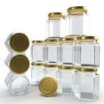 Hexagon Shaped Glass Jar Dry Fruit, Air Tight Leak Proof Gold Metal Lid Glass Jar