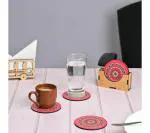 Future Works Coaster Set of 6 Beautiful Wooden Coasters with Proper Coaster Stand Designer Coaster Set Fit for Tea Cups, Coffee Mugs and Glasses (Round and Designer 3.5 X 3.5 Inch) (Pink)