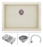 Zinzer Ivory Quartz Kitchen Single Bowl Model Kitchen Sink With Drain Coupling, Basket, Drain Pipe And Installation Template, 24 X 18 X 8 Inch
