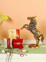 CraftVatika Rakhi with gift combo set good luck Uplifted Metal Horse Showpiece,Greeting Card