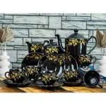 TMF Pack of 15 Ceramic Ceramic Black Color Complete Tea Cup Set, 15 Pieces (Black, Cup and Saucer Set)