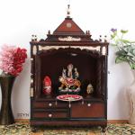 DZYN Furnitures Sacred Home Large Floor Rested Pooja Mandir with Door (Brown Gold)