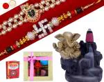 MANTOUSS Rakhi Combo with Chocolates Gift for Brother and bhabhi/ 2 Combo Rakhi Set with Chocolate Pack Hamper/ Rakhi Gifts-2 Kundan Rakhi+Showpiece figurine +Roli, Chawal+Rakhi Greeting card