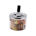 Kookee Smokeless Metal Tin Push Down Ashtray with Spinning Tray Tabletop Ash Tray for Smokers, Round, 50 Euro Print (8734)