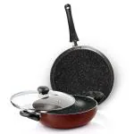 MILTON Pro Cook Induction New Granito Burgundy Aluminum 28 cm Tawa and 24 cm Kadhai with Glass Lid 2.5 L (pack of 2)