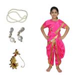 Kaku Fancy Dresses Silk/Polyester Marathi Girl Lavni Folk Dance Costume With Jewellery For Kids-Magenta|14-17 Years