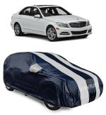 SHIVRAT Presents All Weather Water & Heat Resistant Car Body Cover Compatible With Mercedes Benz C220 Variants_White Stripes With Mirror
