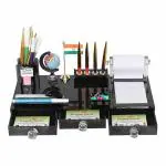 DESKDOCK Executive Series Acrylic Pen Stand Multipurpose Desk Organizer 3 Drawers With (4 Golden Pen,1 Flag,1Glob,Paper Pad Roll included)