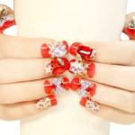 Secret Lives Acrylic Press on Designer Bridal Artificial Nails Extension Red Color and Silver 3D Bow Red and Silver Crystals Design 24 pcs Set with Glue Sheet