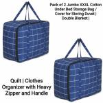 MMK Pack of 2 Jumbo XXXL Cotton Under Bed Storage Bag / Cover for Storing Duvet | Double Blanket | Quilt | Clothes Organizer with Heavy Zipper and Handle Size- 70x60x34 Cm Dark Blue