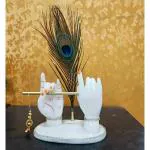 House And Crafts - White Krishna Hands With Flute Bansuri And Morpankh Statue - 19 Cm