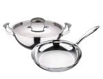 Bergner Argent Triply Stainless Steel 3 Pcs Cookware Set - Fry Pan & Wok with Lid (20cm, Silver)