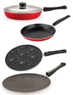 Nirlon 4 pcs of Red, Black Non-stick Coated Pot and Pans Cookware Combo Set Standard