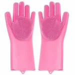 purple dust Multi Purpose Cleaning Gloves Silicone Scrubber Kitchen Cleaning Washing Bathroom 1 Pair Hygiene Gloves (Color As Per Availability)- 0714