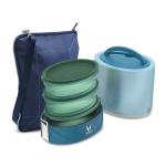 VAYA TYFFYN Blue Oval Shape Insulated Stainless Steel Office Tiffin Box with 3-Plastic Lunch Containers and Shoulder Bag Cum Table Mat with Cutlery Pouch, 1000 ml