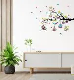 Rawpockets Tree Branches with Birdcage and Flower Self Adhesive Wall Sticker
