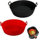 JIGSHTIAL Pack of 2 Air Fryer Liners I Round Silicone Basket Baking Tray I Pot with Ear Handles I Nonstick Reusable Heat Resistant I Cooking Oven Insert Accessories (MULTICOLOR)
