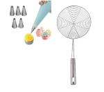 BLUE WONDER Cake Decorating 6 Pcs Nozzle with Stainless Steel Deep Fry Strainer and (Multicolour, Pack of 2)