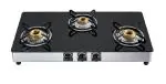 DELTA Stainless Steel Black Toughened Glass Top 3 Brass Burner Gas Stove (LPG)