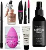 KA CAYLA Beauzy Iconic Liquid Shimmer Highlighter, a Beauty Blender, Foudnation, Fixer, 3in1 Volumising mascara set and waxy kajal set of 6 (6 Items in the set)