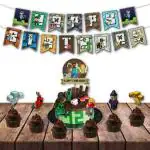 Festiko 8 Pcs Minecraft Birthday Party Decorations, Happy Birthday Decoration, Minecraft Theme Decoration For Kids Boys Adults Party Supplies Combo Banner, Cake Topper, Cup Cake Toppers