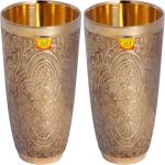 Shivshakti Arts (Pack of 2) Pure Brass Glass Tumbler, Embossed Flower Nakshatra Design For Drinking Serving Water, Decorative Gift Item (2 Pcs = Vol - 280 ML Each) Glass Set Water/Juice Glass (280 ml, Brass, Yellow)