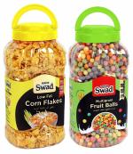 Swad Breakfast Cereal Corn Flakes & Fruit Ball (Wholegrain Kids Snack with High Fibre) 2 Jar, 640g