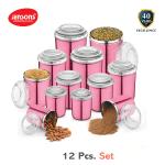 Jensons 12 PCS Stainless Steel Canister Set in Pink Color with White Color PC Lids - 12 Pcs Set