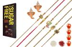 Feastive Celebrations 5 Ethnic Rakhis With Amul Tropical Orange, Pair Of Soan, Pooja Rakhi, Kesar And Chawal
